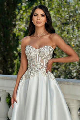Amazing A-Line Satin Lace Sweetheart Sleeveless Ivory Prom Evening Dresses With Appliques
